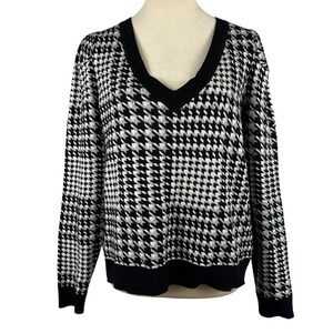 Belldini Black Houndstooth Sweater V-Neck Rhinestone Detail Womens‎ XL Preppy